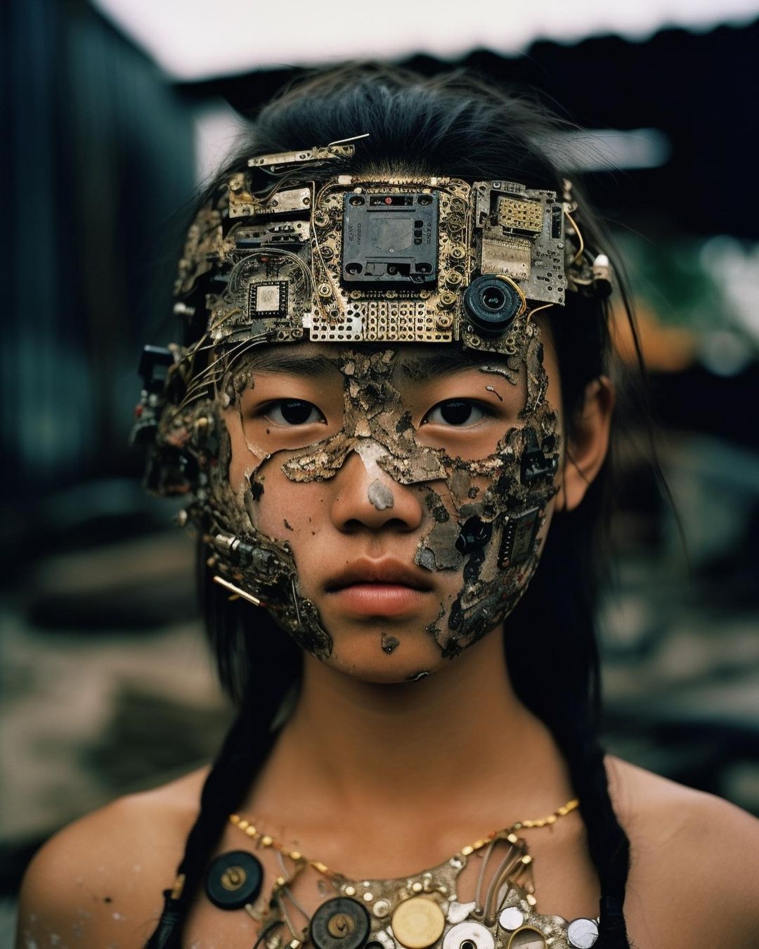 An AI-generated photographic portrait of a young girl with computer components and broken metallics fused to her face. 