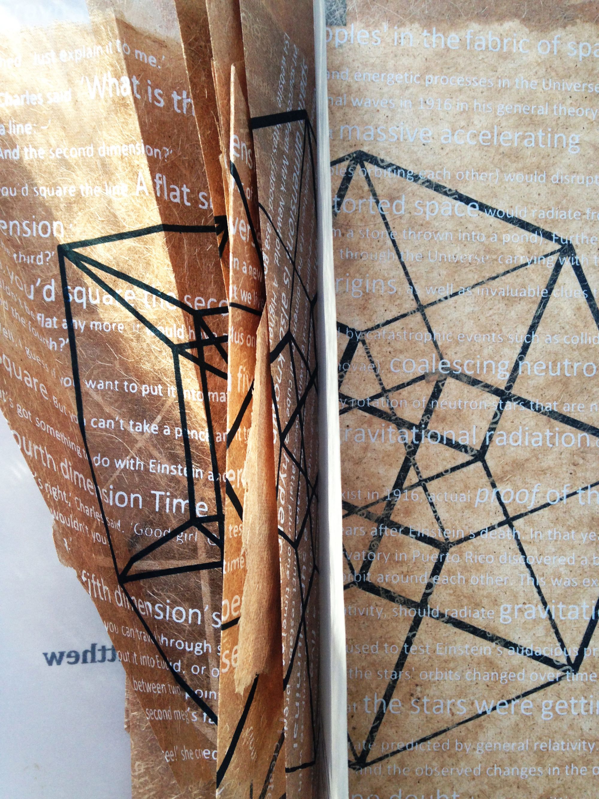 TESSERING (DETAIL) Pages fold out to create multiple overlays of text and images. Screenprints on handmade banana paper. Folded and stitched. 11 x 41 cm.