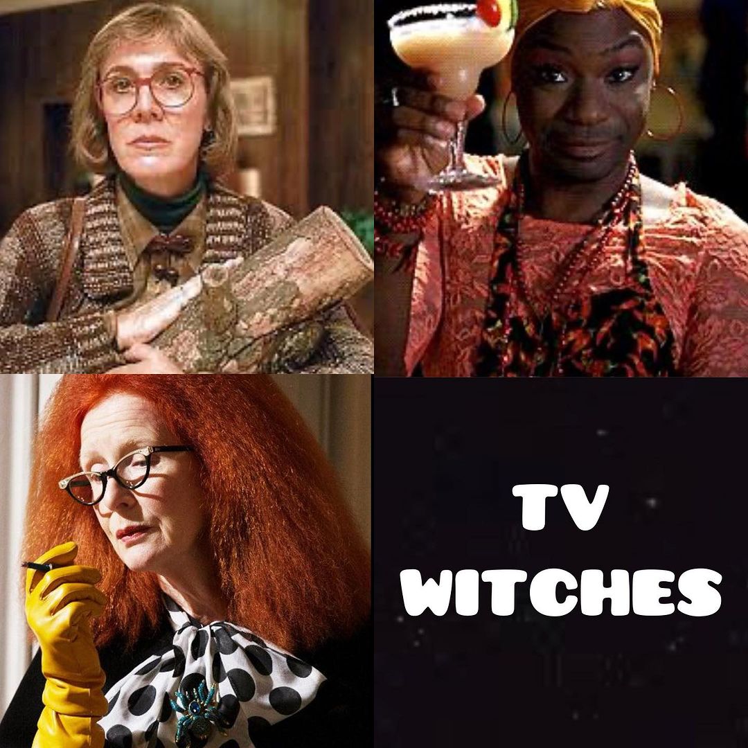 4 panel showing the words TV witches and pictures of Myrtle Snow - AHS. Lafayette - True Blood. The Log Lady - Twin Peaks.