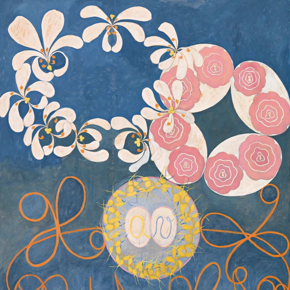A blue background, orange lines swirl through like yarn looping. White flowers with yellow stamens seem to dance in a circle which intersects with a circle of pink roses, each pair of roses contained in a white circle. A light blue circle contains the form of two eggs, one with A one with V inside, surrounded by what looks like sperm in yellow.
