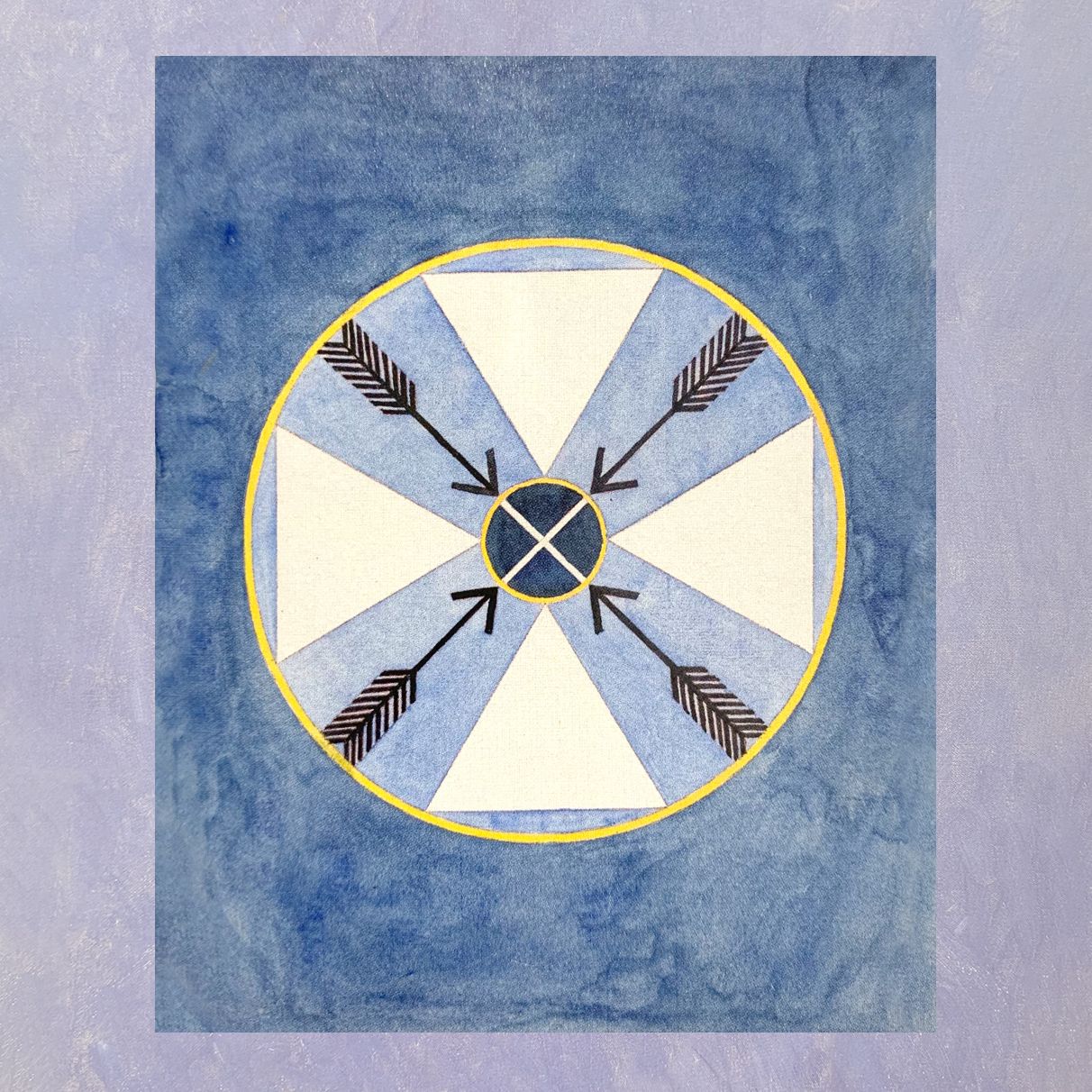 A purple background. A blue square inside. Within the square, a yellow edged cirle filled with lighter blue. White triangle alternate with black arrows around the inside of the circle. A the heart is another white edged circle filled with dark blue, intersected by a white cross on its side.