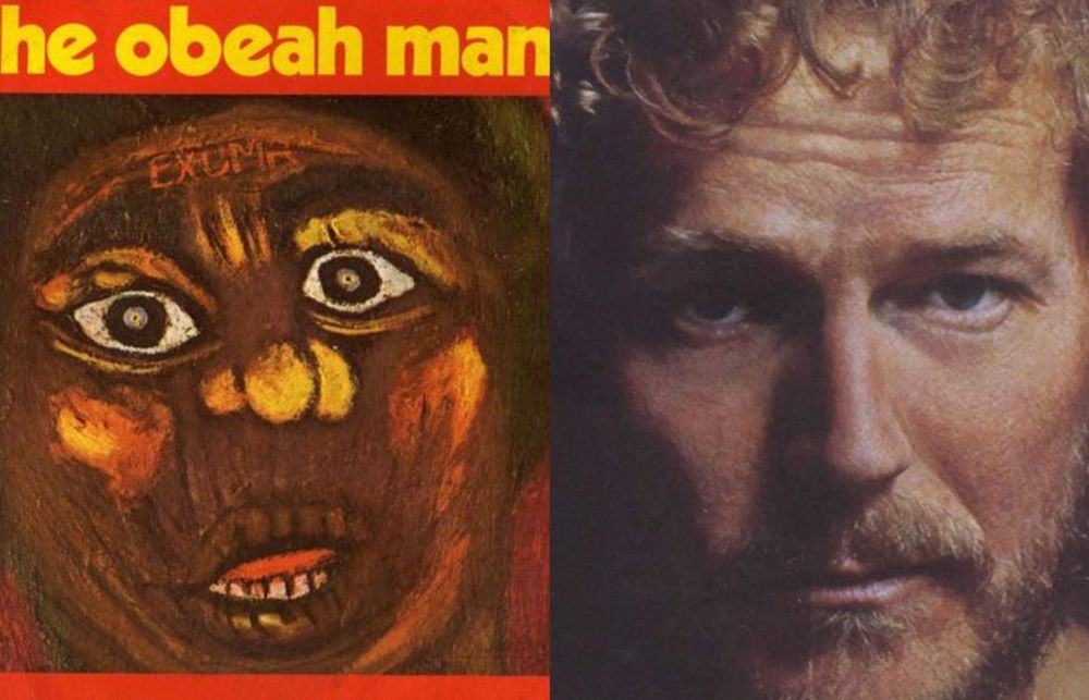 A painting of a Black person's face with Exuma in red. A photo of Lightfoot, white man with blond hair and beard.